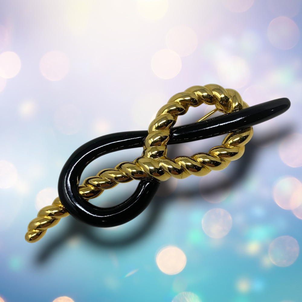 Vintage 1980's Gold Tone & Black Enamel Modernist Rope Knot Brooch Pin Couture